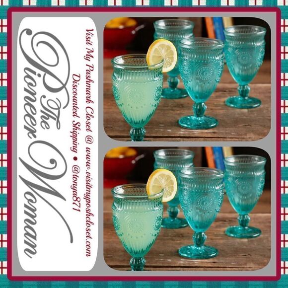 š¦Host Pick! š¦ New PioneerĀ WomanāAdelineā12ozāFootedāGoblets,āTurquoiseāBlue - Picture 3 of 8